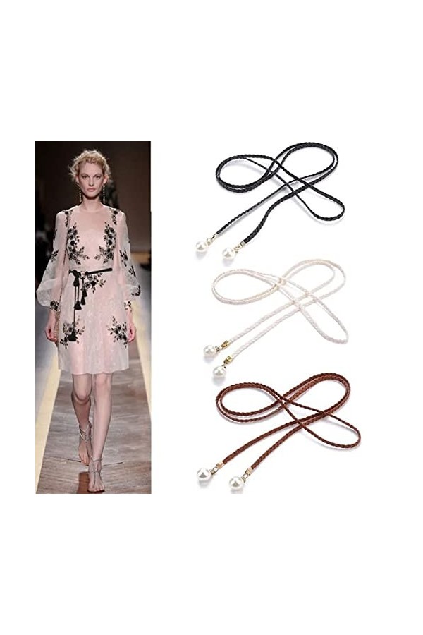 JinYu Lot de 3 ceintures tressées pour femme - Pour dos de vêtements - Blanc - Chameau pendentif perle , Noir blanc, chameau