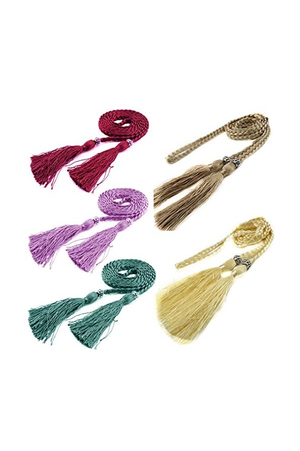 JinYu Ceinture tressée à pompons pour femme avec nœud et chaîne de taille pour robe - Dos violet/bordeaux/beige/marron clair