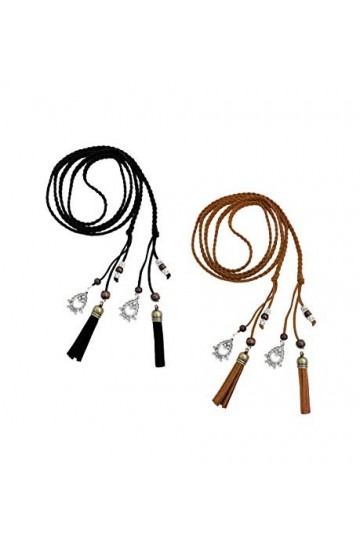 Ceinture Tricotée Fine en Cuir PU avec Franges et Perles Accessoire Rétro pour Femmes noir+tan 