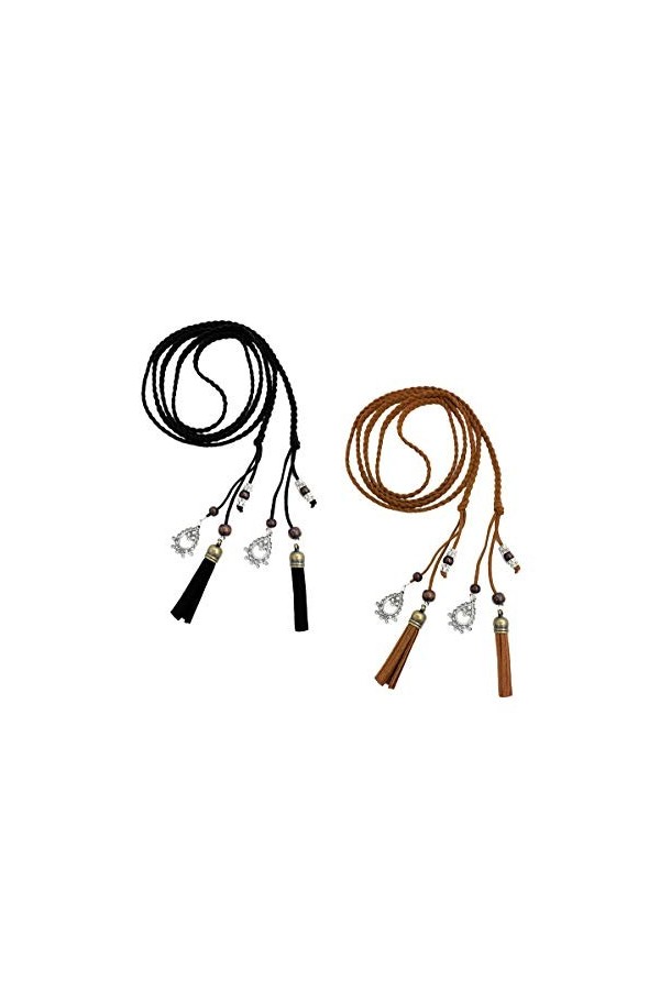 Ceinture Tricotée Fine en Cuir PU avec Franges et Perles Accessoire Rétro pour Femmes noir+tan 