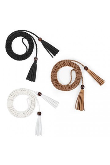 WERFORU Ceinture fine tressée à pompon pour femme, fine ceinture tissée pour robe de jupe, D-noir+blanc+marron, Anzug für Tai