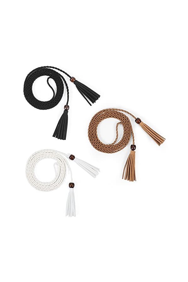 WERFORU Ceinture fine tressée à pompon pour femme, fine ceinture tissée pour robe de jupe, D-noir+blanc+marron, Anzug für Tai