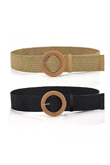 DEEDPF Lot de 2 ceintures élastiques tricotées en paille - Convient pour robe de femme, jean, pull, noir et kaki, Mélange de 