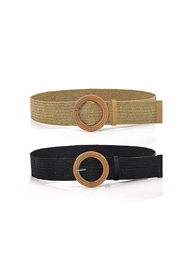 DEEDPF Lot de 2 ceintures élastiques tricotées en paille - Convient pour robe de femme, jean, pull, noir et kaki, Mélange de 