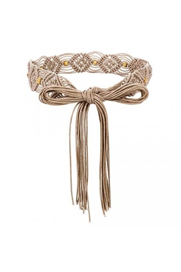 Yolev Ceinture Femme Large Boho Style Robe Ceintures Western Gland Ceinture Corde Tresse Perles en Bois Ceinture Large Tressé