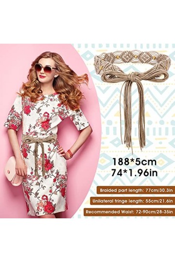 Yolev Ceinture Femme Large Boho Style Robe Ceintures Western Gland Ceinture Corde Tresse Perles en Bois Ceinture Large Tressé