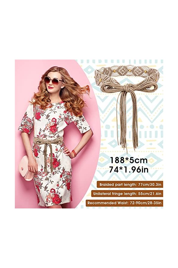 Yolev Ceinture Femme Large Boho Style Robe Ceintures Western Gland Ceinture Corde Tresse Perles en Bois Ceinture Large Tressé