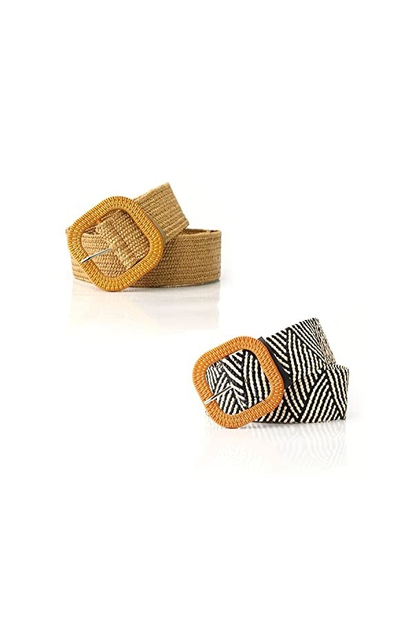 YSDYY 2 Pièces Boucle Carrée Paille Ceinture Élastique Dames, Ceinture Élastique Fine Tressée Stretch Robe Ceinture Tressée V