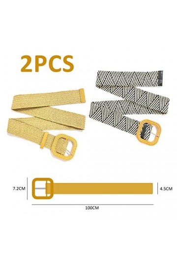 YSDYY 2 Pièces Boucle Carrée Paille Ceinture Élastique Dames, Ceinture Élastique Fine Tressée Stretch Robe Ceinture Tressée V