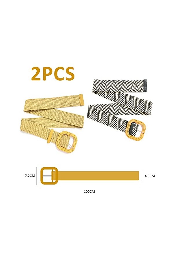 YSDYY 2 Pièces Boucle Carrée Paille Ceinture Élastique Dames, Ceinture Élastique Fine Tressée Stretch Robe Ceinture Tressée V