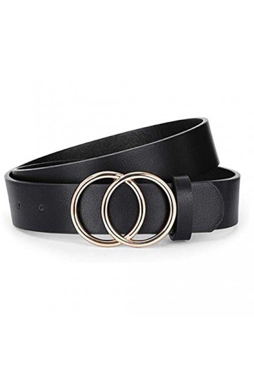 Boucle Ronde Ceinture en Cuir PU， Ceinture à la Mode Femme avec Design Unique de Double Boucles Dorées Belle de Décoration Id