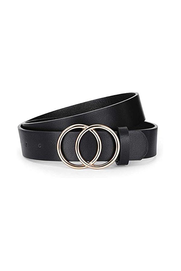 Boucle Ronde Ceinture en Cuir PU， Ceinture à la Mode Femme avec Design Unique de Double Boucles Dorées Belle de Décoration Id