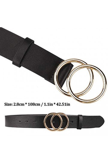 Boucle Ronde Ceinture en Cuir PU， Ceinture à la Mode Femme avec Design Unique de Double Boucles Dorées Belle de Décoration Id
