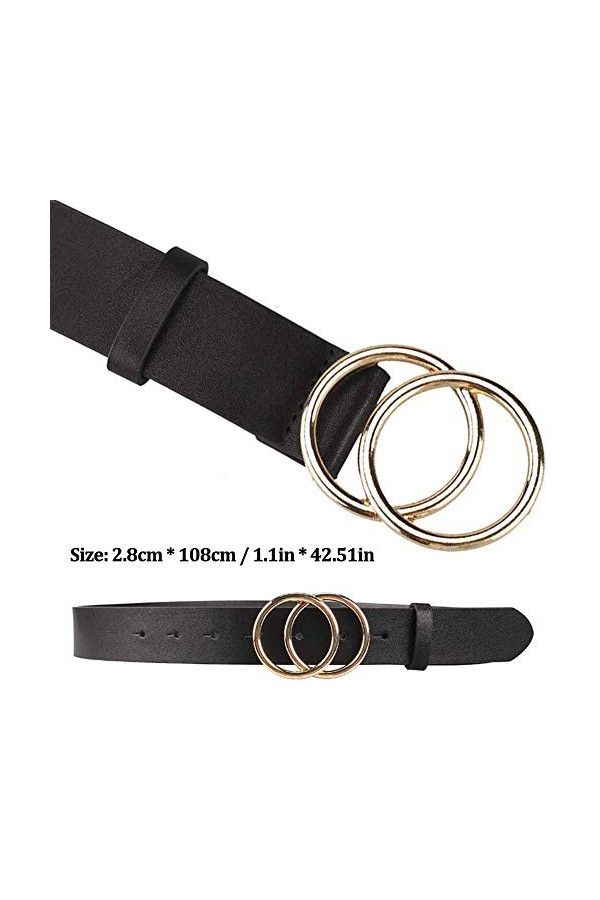 Boucle Ronde Ceinture en Cuir PU， Ceinture à la Mode Femme avec Design Unique de Double Boucles Dorées Belle de Décoration Id