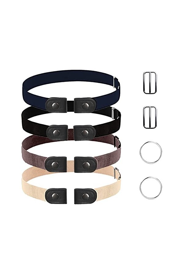 VEGCOO 4 Pièces Ceinture sans Boucle, Ceinture Élastique Femme Homme, Ceinture Invisible Réglable, Ceinture sans Boucle Exten