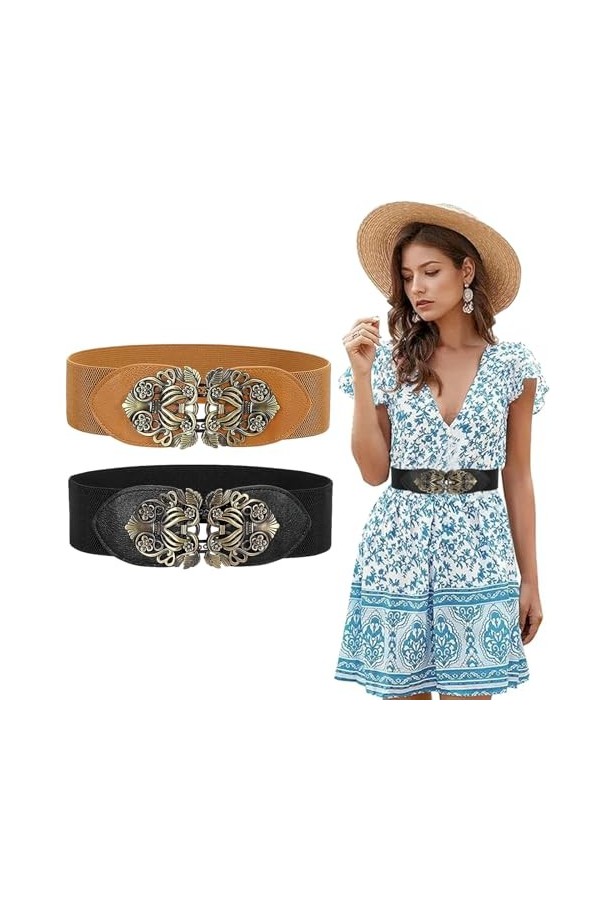 2 Pièces Ceinture Marron, Noir Large Pour Femmes, Large Élastique Boucle Vintage Ceintur, Belt Brown, Black Wide Elastic Wais