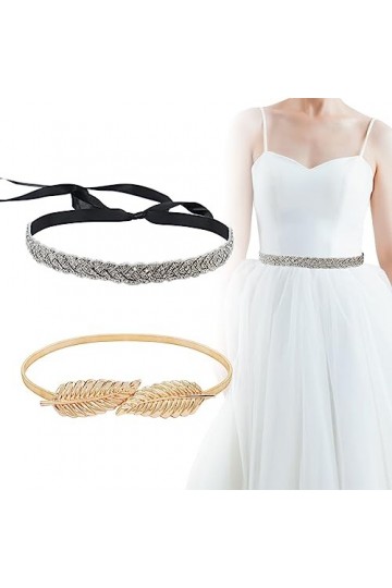 BETESSIN 2pcs Ceinture Femme Robe Strass Paillettes Réglable Noir et Ceinture Feuilles dOr Accessoires Décoratifs pour Robe 