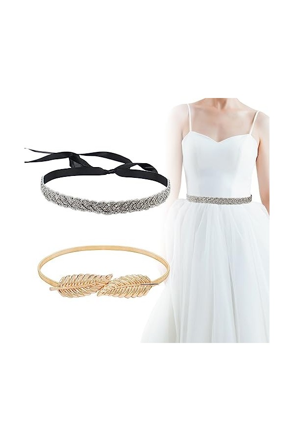 BETESSIN 2pcs Ceinture Femme Robe Strass Paillettes Réglable Noir et Ceinture Feuilles dOr Accessoires Décoratifs pour Robe 