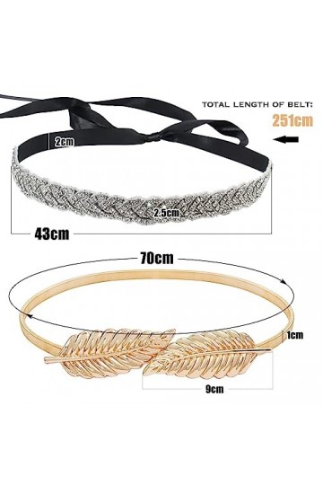 BETESSIN 2pcs Ceinture Femme Robe Strass Paillettes Réglable Noir et Ceinture Feuilles dOr Accessoires Décoratifs pour Robe 