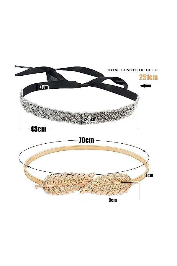 BETESSIN 2pcs Ceinture Femme Robe Strass Paillettes Réglable Noir et Ceinture Feuilles dOr Accessoires Décoratifs pour Robe 