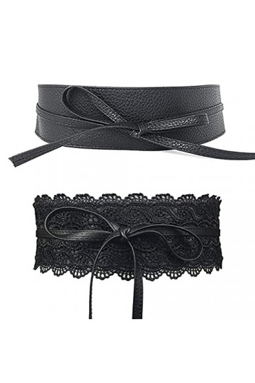 Daimay Lot de 2 ceintures larges en dentelle avec nœud papillon pour femme, style boho et boho en cuir synthétique – Noir