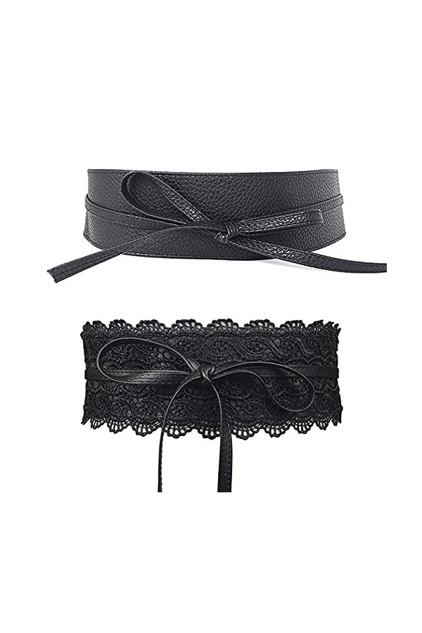 Daimay Lot de 2 ceintures larges en dentelle avec nœud papillon pour femme, style boho et boho en cuir synthétique – Noir