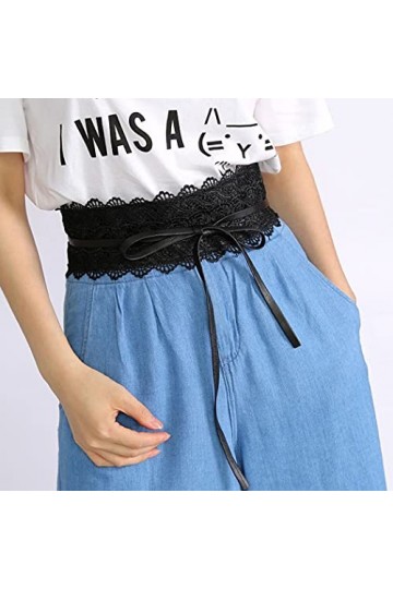 Daimay Lot de 2 ceintures larges en dentelle avec nœud papillon pour femme, style boho et boho en cuir synthétique – Noir