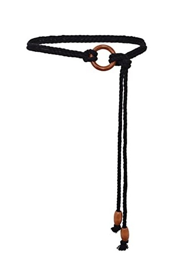 Femmes filles ceinture tressée chaîne de ventre avec cordon de taille boucle perles en bois 123 cm de long ceinture 251 noir