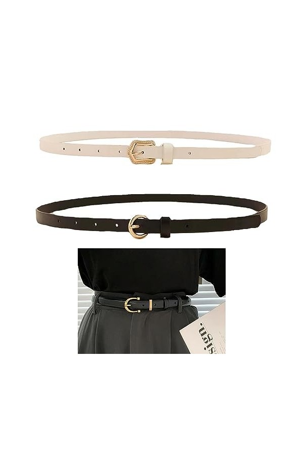 KASESSS 2 Pièces Ceinture Femme Fine, Pu-Cuir Ceintures Femme Ajustable, 1.5cm Ceinture Cuir Femme avec Boucle en Métal, Cein