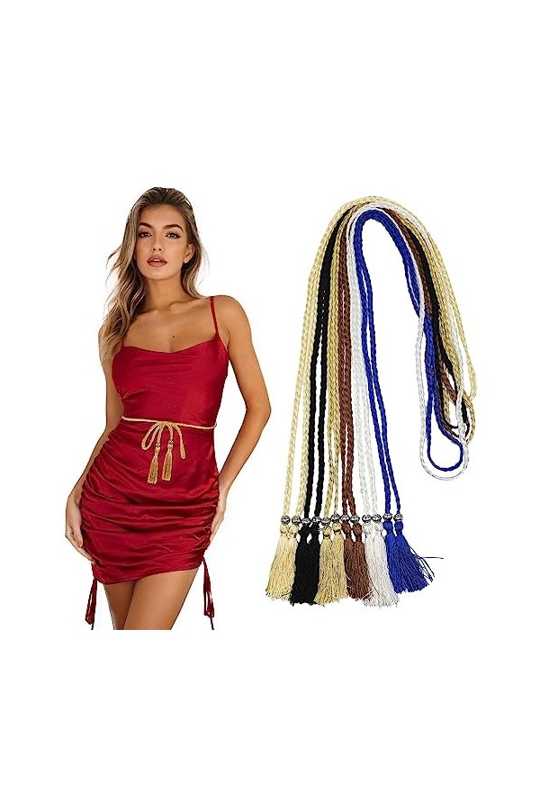 MIVAIUN 6 Pièces Ceintures Fines Tressées, Ceinture Tressée à Pampilles,Vintage Élastique Corde Crochet Ceinture,Ceinture Boh