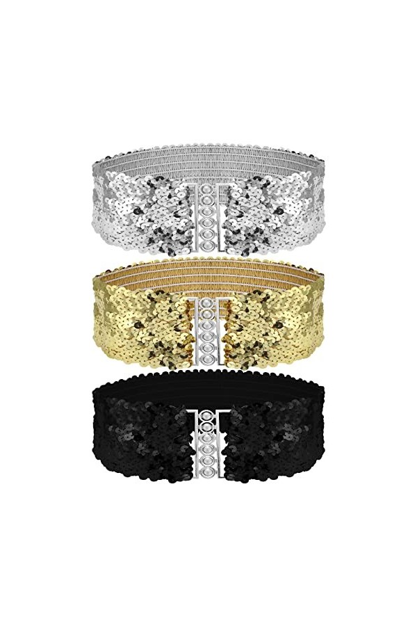Grevosea 3 pièces Ceinture Taille Avec Paillettes Pour Femme, Ceinture Scintillante Vintage Ceinture Scintillante Stretch Mod