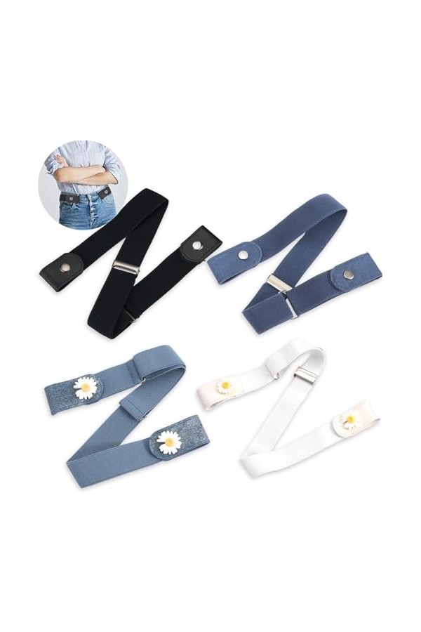 Ceinture sans Boucle 4 Pièces Ceinture Extensible Sans Boucle Ceinture sans Boucle Ceinture Élastique Invisible Unisexe Femme