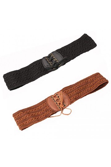 JinYu Lot de 2 ceintures larges élastiques en cuir synthétique pour femme - Noir et marron, Non, Sans pierre précieuse