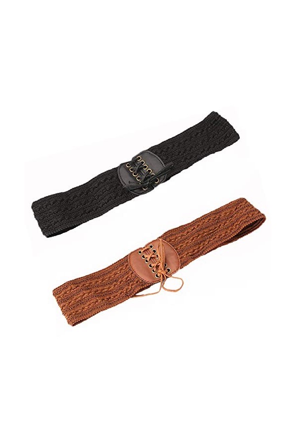 JinYu Lot de 2 ceintures larges élastiques en cuir synthétique pour femme - Noir et marron, Non, Sans pierre précieuse