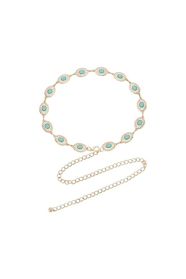 FINGERINSPIRE Femmes Boho Chaîne Ceintures 113 cm de Long Métal Western Taille Ceintures Turquoise Concho Chaîne Ceinture Dor