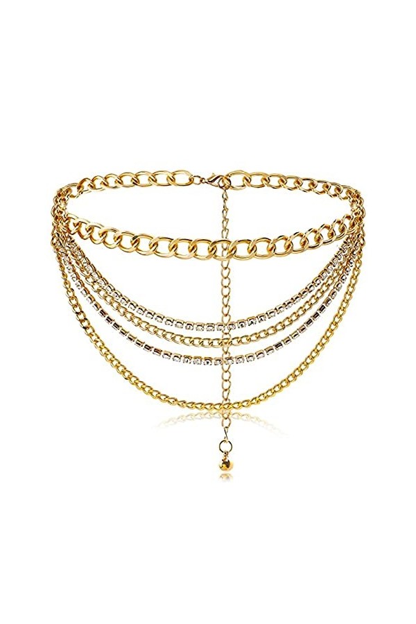 DHSWNNG Chaîne de taille pour femme - Multicouche - Strass - Paillettes - Réglable - En métal - Pour robe et jean doré , or,