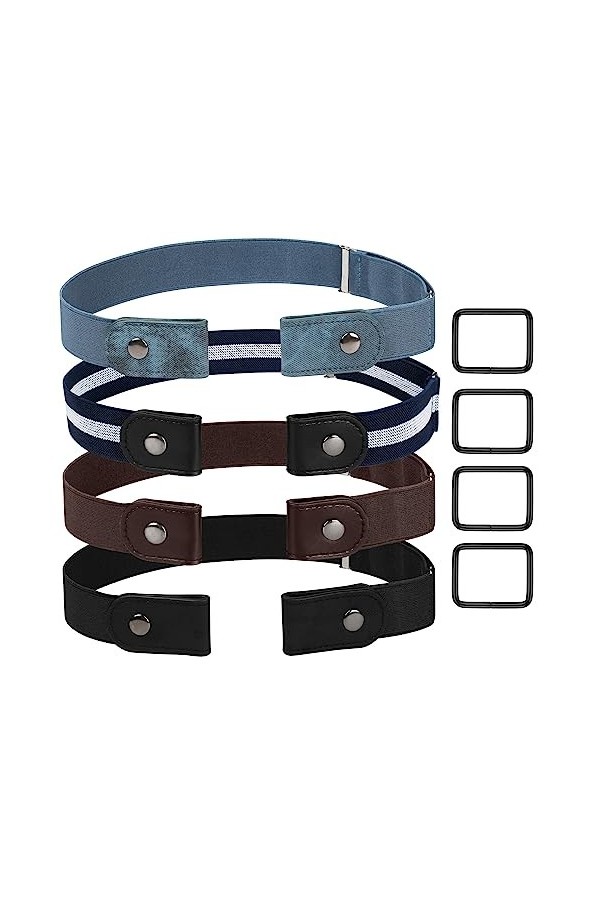 CoKeeSun Lot de 4 ceintures sans boucle, invisibles, élastiques réglables, en tissu pour jeans, pantalons, jupes, femmes et h