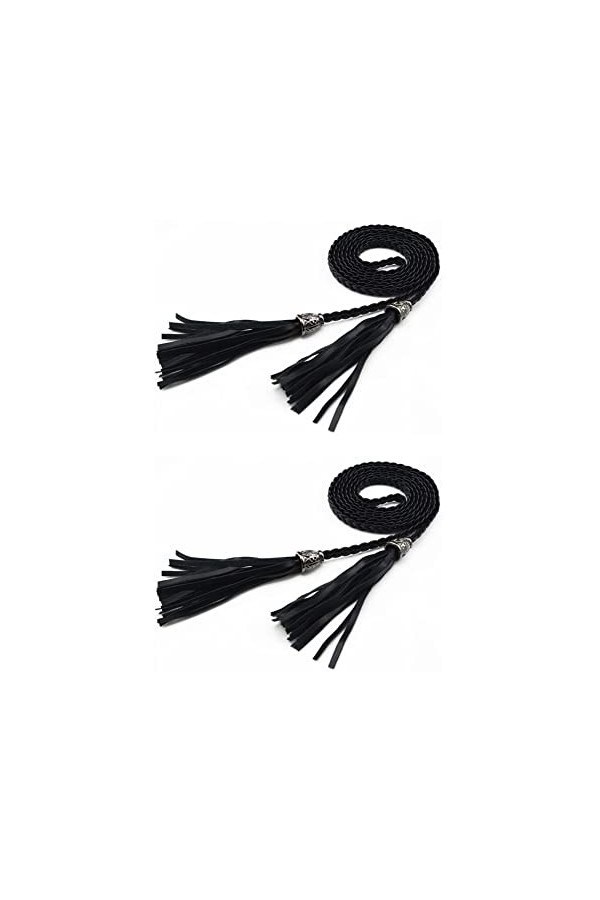 SHTGOI Lot de 2 ceintures fines en cuir tressé pour femme - Couleur unie - Avec perles - Pour femme - Bleu marine - 160 cm