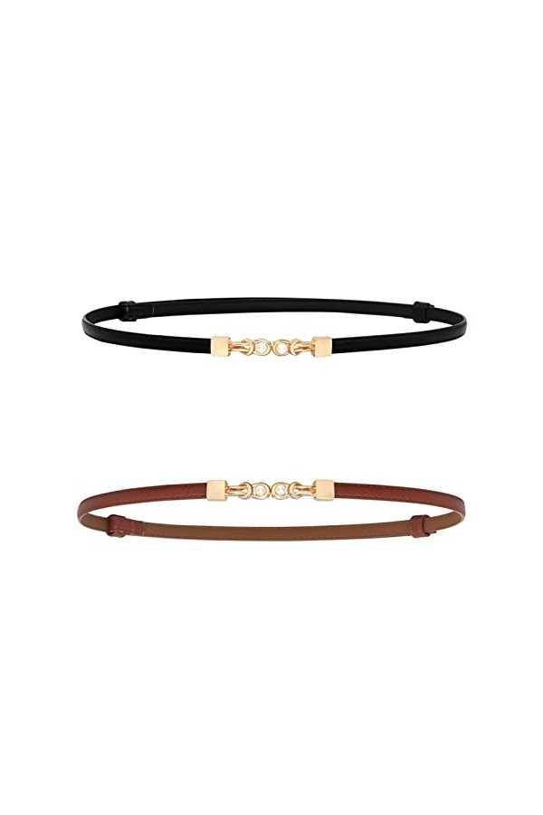 IOSPKKIO® Lot de 2 ceintures fines pour femme, ceinture fine réglable, ceinture fine en cuir avec boucle en métal doré, costu