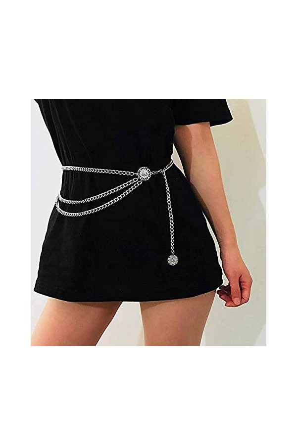 KIRALOVE - Ceinture en métal femme chaîne Médaille Vintage Retro pour robe argentée, argent, S