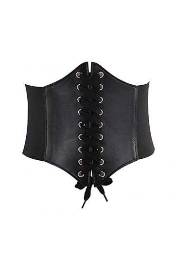 Happyupcity Corset élastique noir pour femme - Ceinture amincissante en cuir synthétique - Ceinture élastique à lacets