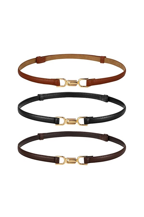 Firtink Lot de 3 ceintures fines réglables en cuir pour pantalons, jeans, robes, Noir, marron, chameau, taille unique