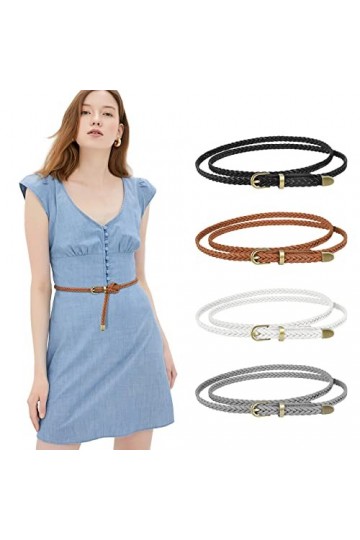 LEACOOLKEY Lot de 4 ceintures en cuir tressé mince pour femme, I-marron+blanc+gris+café, Passt für Taillengrößen bis zu 104cm