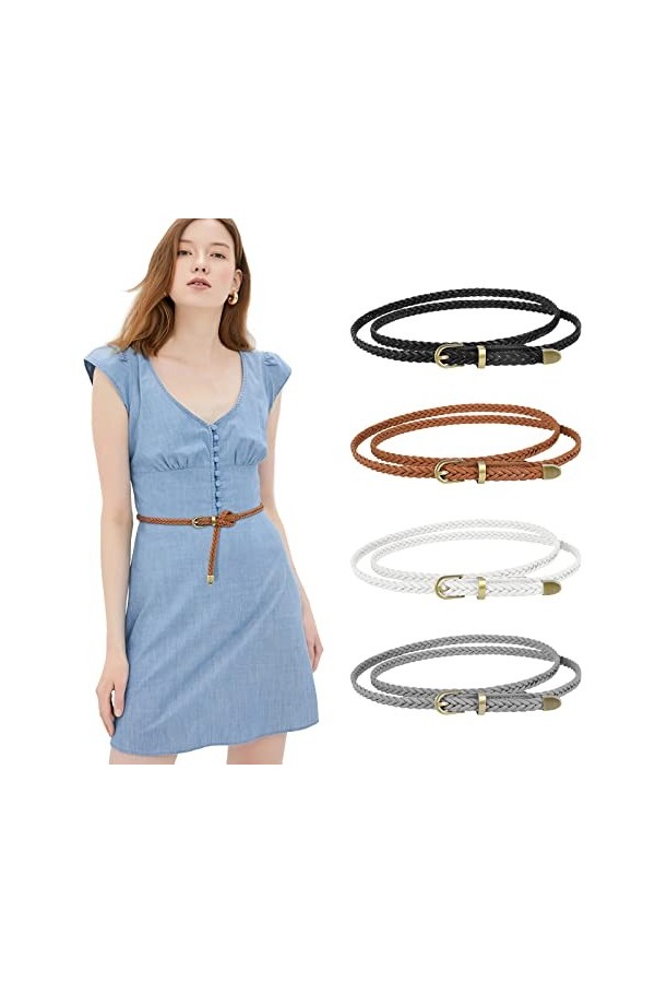 LEACOOLKEY Lot de 4 ceintures en cuir tressé mince pour femme, I-marron+blanc+gris+café, Passt für Taillengrößen bis zu 104cm