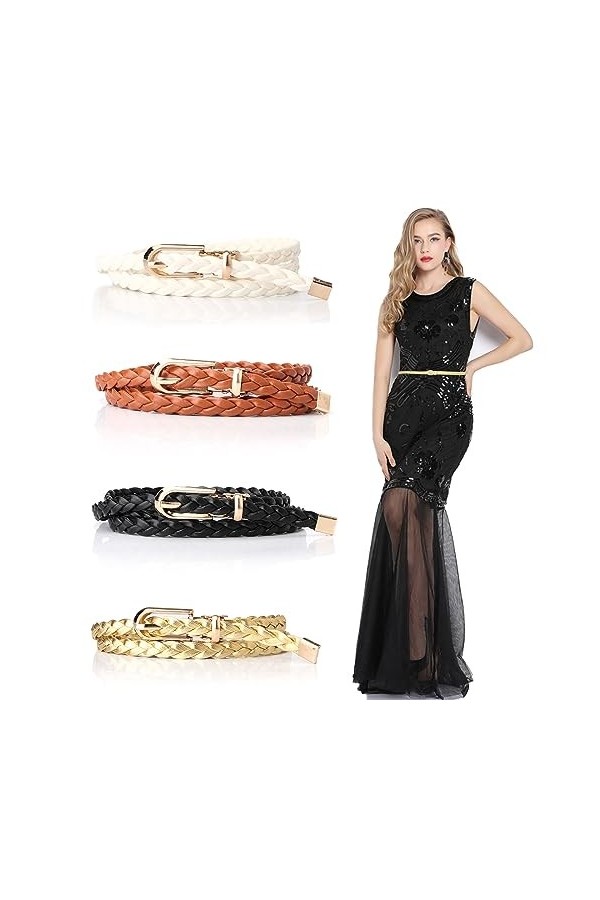 SKHAOVS 4 Pièces Ceinture Tressée Fine Femme, Mesdames Robe Ceinture Maigre Ceinture Tressée pour Femmes Pantalon ou Robe en 