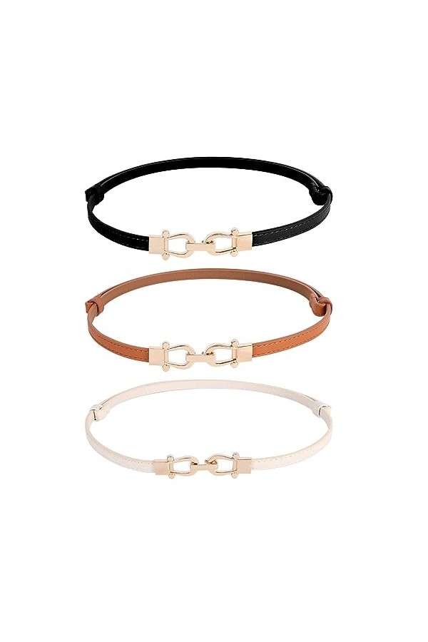 Minicloss Lot de 3 ceintures fines en cuir pour femme - Avec boucle en métal doré - Polyvalente - Réglable - Pour robe, chemi