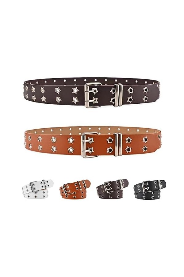 GIMIRO Punk Ceinture pour jeans pour femme, ceinture pour manteau, ceinture à rivets creux, double rangée de trous détoile, 