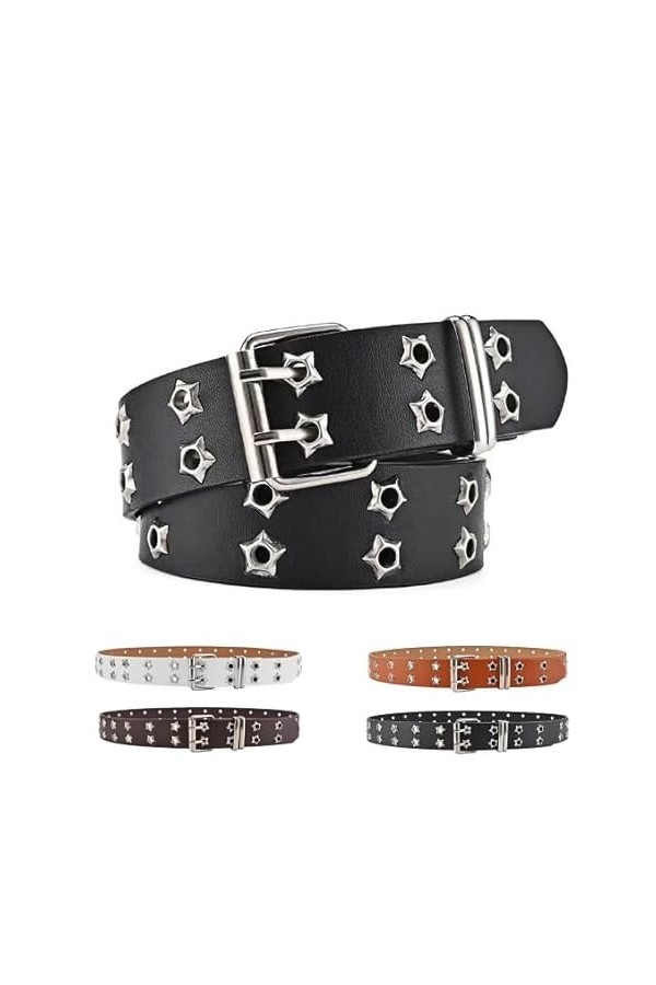 GIMIRO Punk Ceinture pour jeans pour femme, ceinture pour manteau, ceinture à rivets creux, double rangée de trous détoile, 