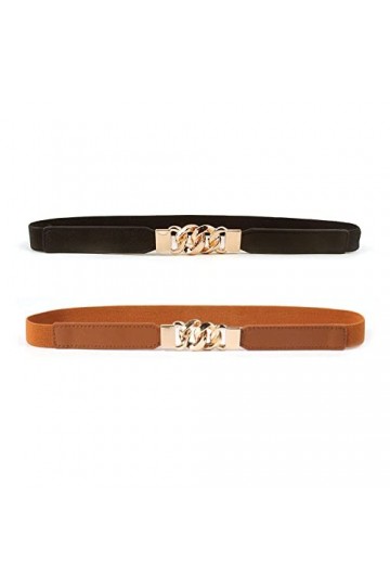 Ansili 2 pièces Femmes Ceinture élastique Mince Ceinture Robe Ceinture Jeans Pantalon 2 cm de large Noir + Brun 