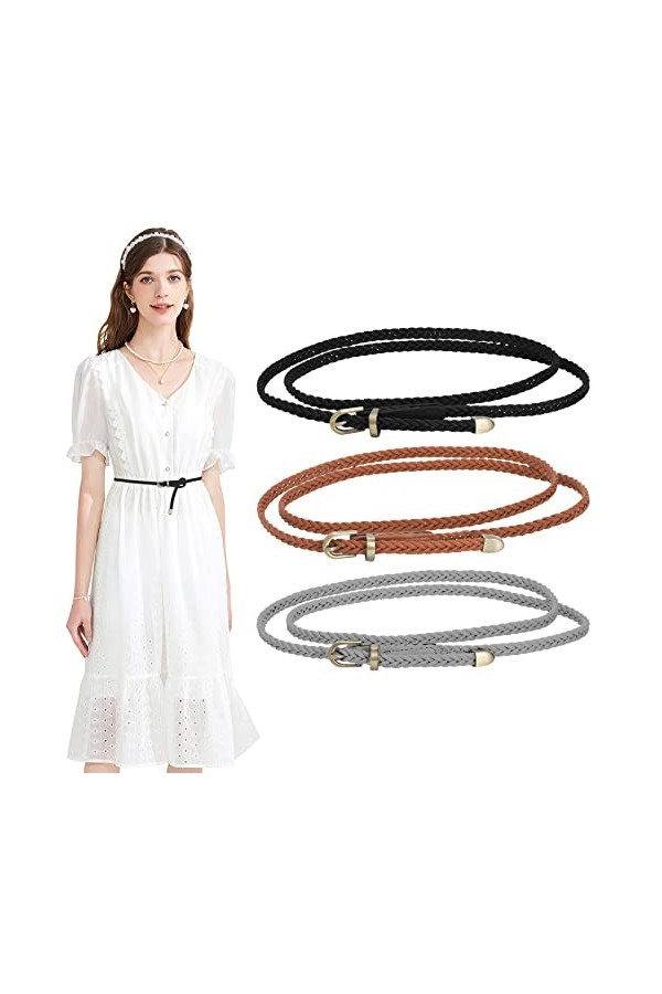 WERFORU Lot de 3 ceintures fines tressées en cuir synthétique pour femme, B-noir+marron+gris, 110cm Passt Taille unter 100 cm